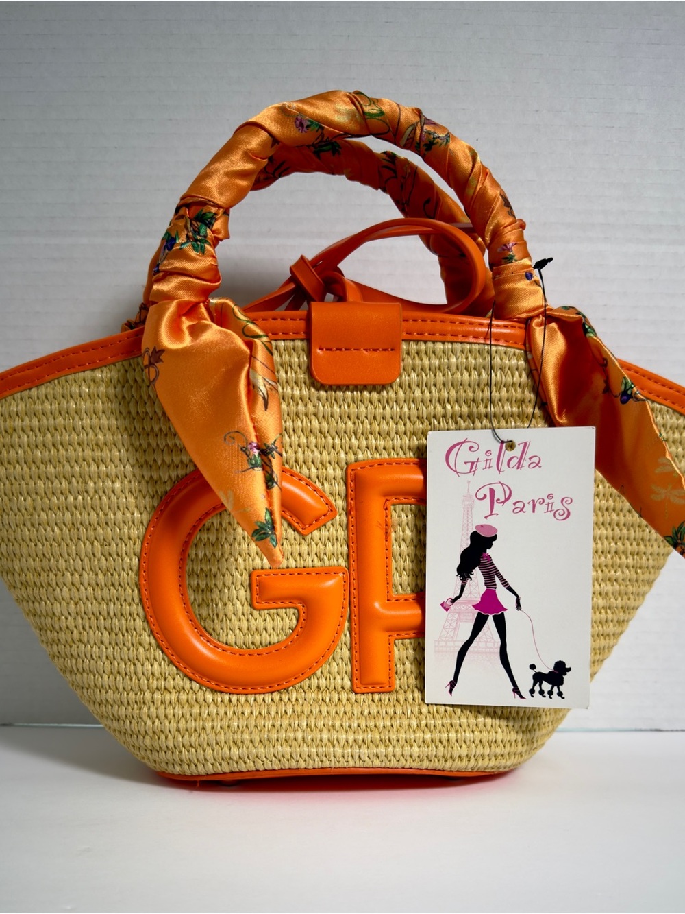 Gilda Paris Orange Accent Straw Tote Bag size Small